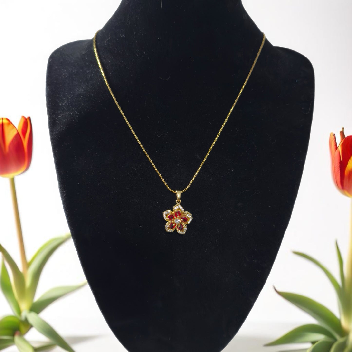 Ruby red gold flower pendant necklace