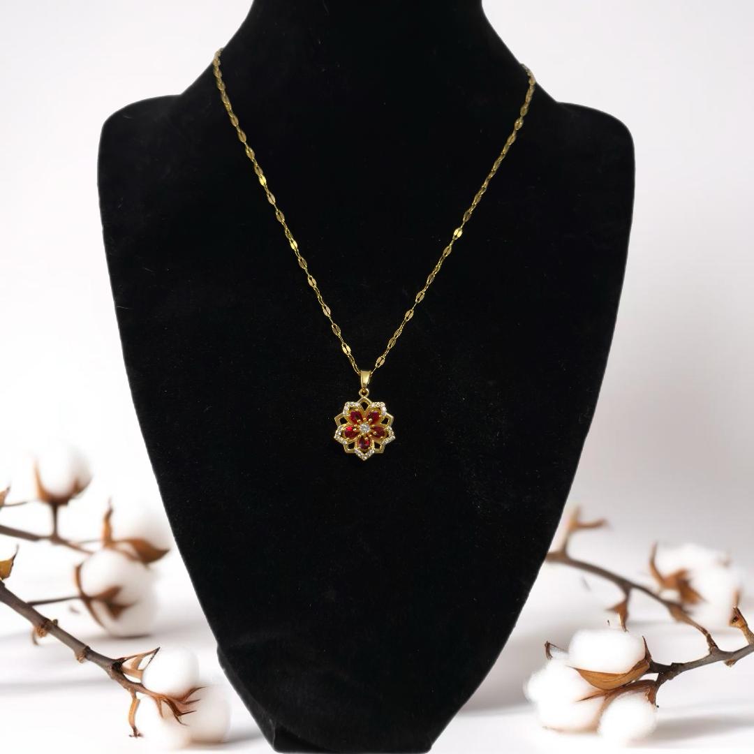 Ruby red gold flower pendant necklace