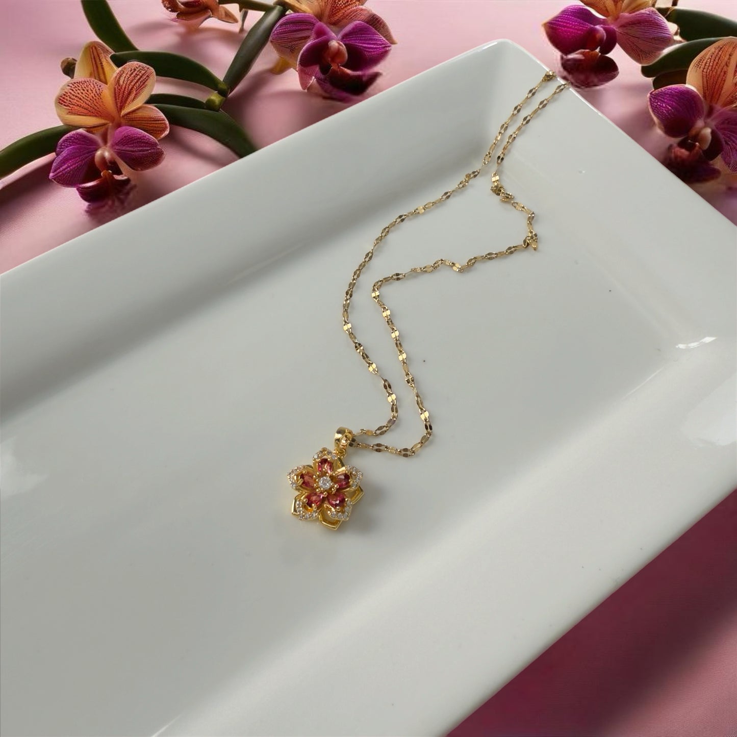 Orange flower gold pendant necklace