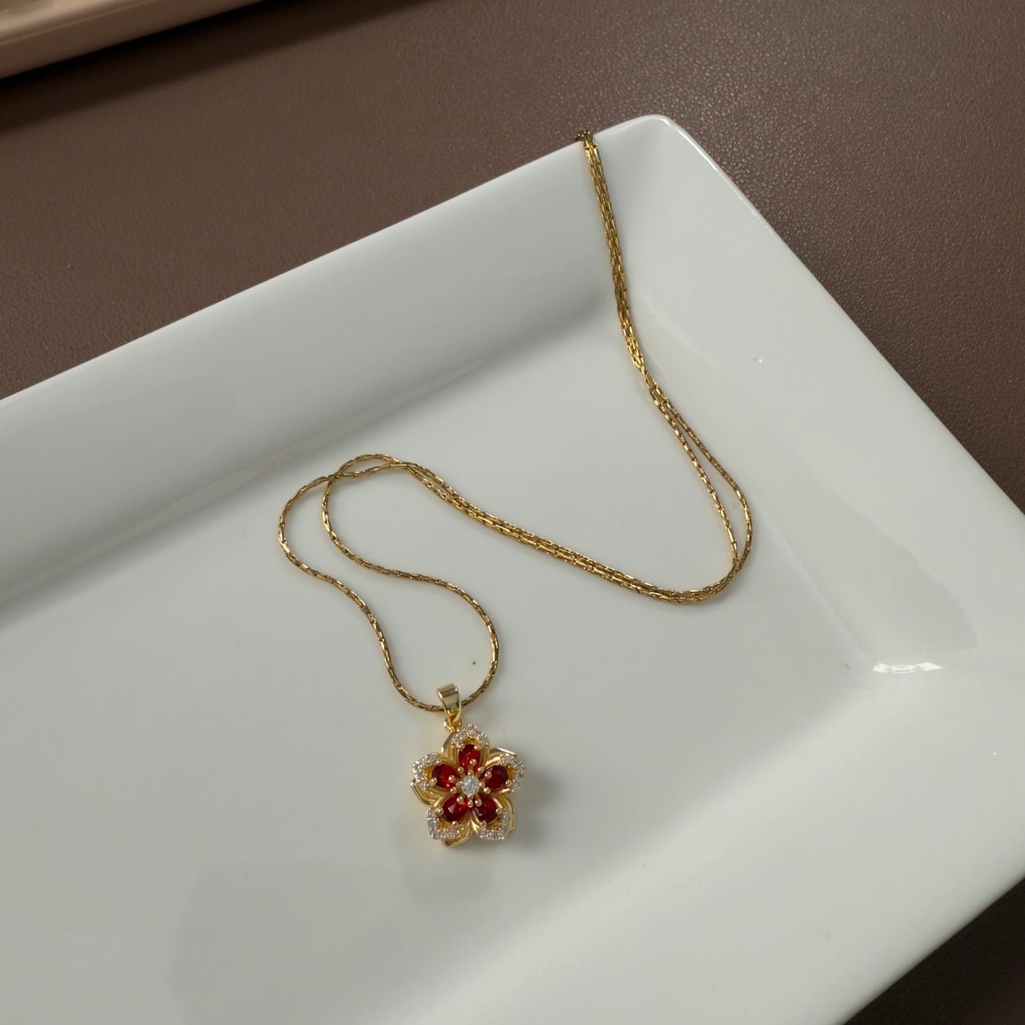 Ruby red gold flower pendant necklace